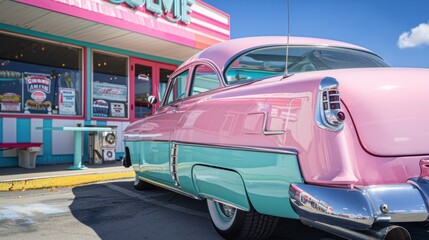 Vintage pink and turquoise car parked in front of a retro diner with colorful facade under a clear blue sky.