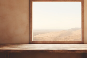 Wall Mural - A dreamy depiction of a minimalistic beige wall a blurred empty frame a weathered table. Ai generated