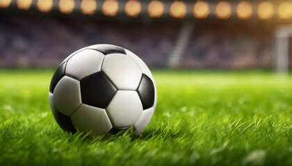 A soccer ball lying on the grass of a soccer stadium. close up