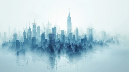 Fototapete - Wireframe cityscape of a smart or digital city...