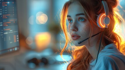 Leinwandbilder - Image of female call center on internet, concept of telemarketing technology