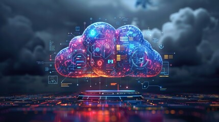 Fototapete - graphic depicting a futuristic cloud with icons for digital technology.