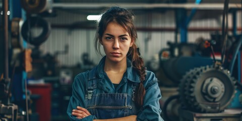 Wall Mural - The concept of small business, feminism and women's equality. A young woman in working clothes posing in front of a car workshop