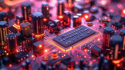 Fototapete - Isometric concept of smart city with buildings and microchips