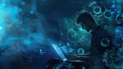 A man works at a laptop surrounded by digital effects and holograms