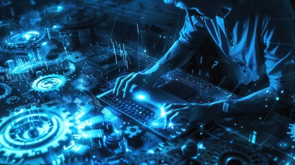 A man works at a laptop surrounded by digital effects and holograms