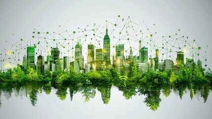 Poster - Smart city concept, with buildings displaying digital technology icons