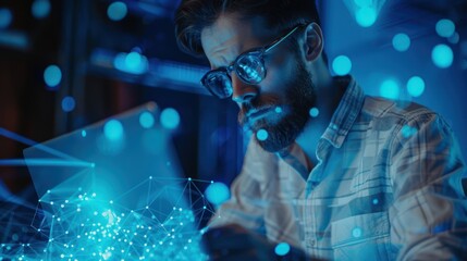 A man works at a laptop surrounded by digital effects and holograms