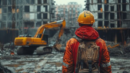 Poster - Concepts of construction technology, graphic of an engineer using building machinery