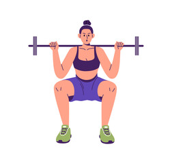 Poster - Woman doing squat with barbell. Girl exercising in gym, lifting weights. Female during sport, weightlifting workout, power training. Flat graphic vector illustration isolated on white background