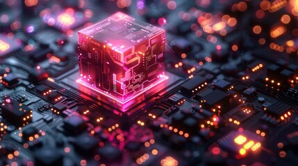 Poster - An isometric image of a microchip with futuristic cube technology elements and quantum computing concept