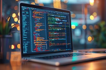 modern laptop displaying colorful programming code with blurred lights in technology workspace