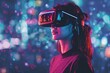 Woman wearing a virtual reality headset with a glowing red and blue futuristic background