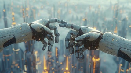 Leinwandbilder - An industrial 4.0 concept with robotic arms and cloud computing and a futuristic city