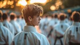 Fototapeta  - Male teenager in white gi looking away, with other karate students in the background at dusk.