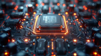 Poster - An illustration of a microchip with futuristic technology system depicting cyber security or a data center