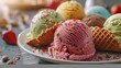 A tempting plate of Italian gelato, featuring scoops of creamy, colorful gelato flavors like pistachio, strawberry, and chocolate, served in a crisp waffle cone with a scattering of rainbow sprinkles.