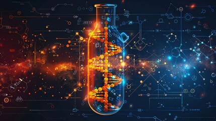 Poster - A graphic of a DNA shape inside a test tube with elements and chemistry icons depicts the concept of biotechnology or synthetic biology