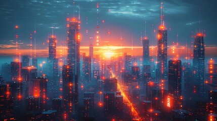 Fototapete - A concept for smart cities using internet of things technology, with a graphic showing futuristic industrial elements on buildings