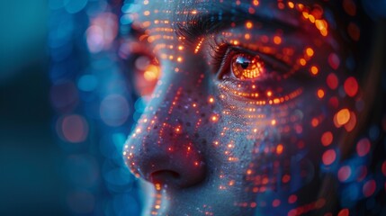 Poster - Face recognition technology concept, with a fingerprint graphic combined with a man's face and futuristic elements.