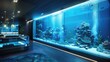Modern living room interior with large aquarium, ocean theme decor, and open-plan kitchen.