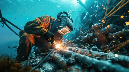 Wall Mural - Underwater welders working at Sparks turn on lights on the seabed to repair submerged structures. Underwater welding by professional divers