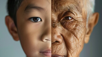 Wall Mural - The face is divided into two halves - half of an Asian boy and half of an old Asian man. Distinguishing childhood and old age, aging, maturation, longevity, lifespan, aging, gerontology.