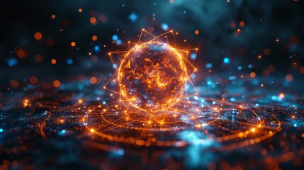 Fototapete - A futuristic science tech concept combining atom structure and electromagnetics