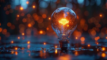 Poster - Image of a realistic light bulb inside a futuristic globe showing communication technology or digital transformation