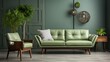A green couch and chair are in a room with a green wall. There is a potted plant in the room