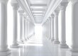  White columns in a long hallway with a light at the end.