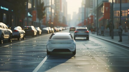 Poster - Self-driving electric car overtakes city vehicle in 3D...