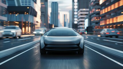 Poster - Self-driving autonomous electric car changes lanes and overtakes city vehicles....
