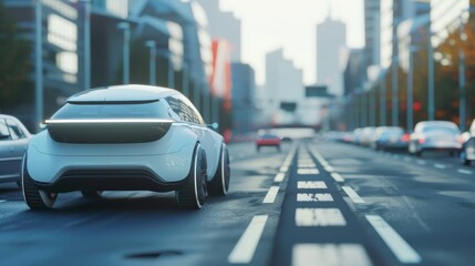 Poster - Self-driving autonomous car overtakes city vehicle in 3D rendering......