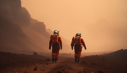 two people wearing orange suits walking on a dirt path