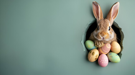Wall Mural - Easter bunny peeking from a broken wall hole and easter eggs design concept on a pastel background 