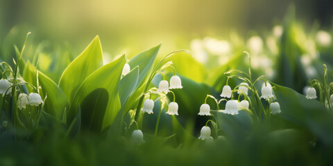 Wall Mural - Spring background with lily of the valley flowers. Beautiful floral background for decoration, banner and greeting card for Birthday, Mother's Day, Women's Day, Wedding