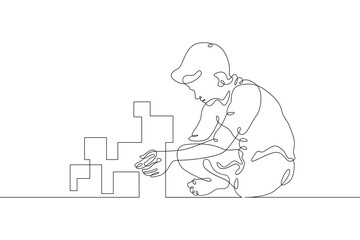 Wall Mural - The girl plays. One continuous line.Kids games. A small child plays with blocks. Educational games for children. Toddler games.One continuous line drawn isolated, white background.