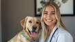 Pretty young blonde Italian female veterinarian posing with a lovable dog at her vet clinic. Veterinarian woman looking positive and happy standing with a puppy