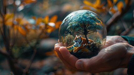 Wall Mural - glass globe with a tiger inside it, Earth Day or World Wildlife Day concept. Save our planet, protect green nature and endangered species, biological diversity theme