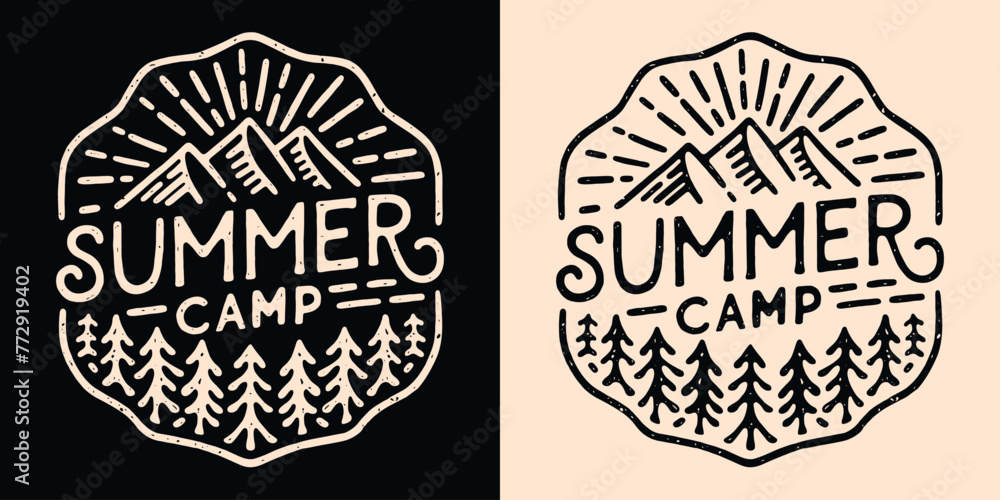 Summer camp lettering camper badge camping emblem. Mountain forest ...