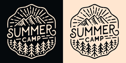 summer camp lettering camper badge camping emblem. mountain forest retro vintage aesthetic illustrat