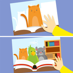 Wall Mural - Cute cat reading book. Vector illustration in flat cartoon style.