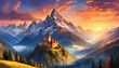A majestic mountain landscape bathed in the warm colors of sunrise and the cool tones of sunset