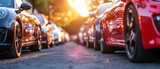 Fototapeta  - Cars parked on street at sunset, land vehicle, traffic, driving, mode of transport