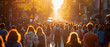 Crowd of people walking on street at sunset, large group of people, dusk, man, back lit