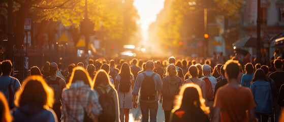 Crowd of people walking on street at sunset, large group of people, dusk, man, back lit