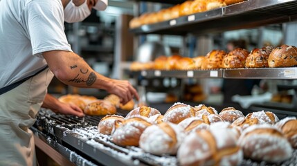 A baker is making bread in a bakery. The bread is covered in powdered sugar. There are many loaves of bread on the conveyor belt