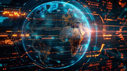 A computer generated image of a globe with a blue and orange background. The globe is surrounded by a network of lines and dots, giving the impression of a digital world