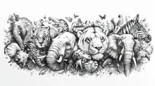 Black And White Sketch Art Of Endangered Species, Earth Day Or World Wildlife Day Concept. Save Our Planet, Protect Green Nature And Endangered Species, Biological Diversity Theme